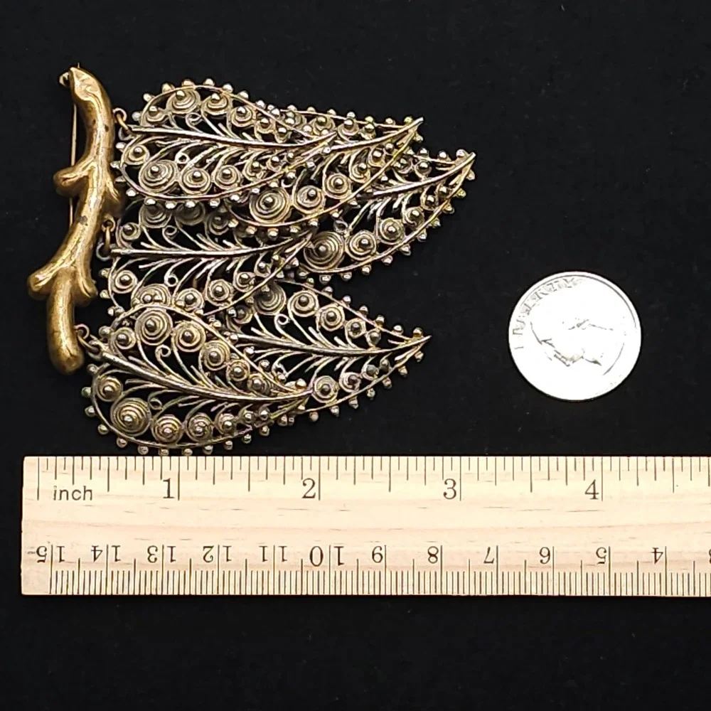 Vintage Filigree Dangle Leaf Brooch Statement‎ Nature Gold & Silver Tone Ornate